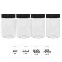 홈앤라이프 투명원형 PET 양념통 250ml 세트, 1세트, 양념통 4p + 검정캡 4p + 스티커 4p(소금 + 설탕 + 후추 + 고춧가루)