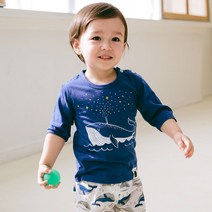보보 아동용 무형광 반짝반짝 고래 7부 자가드 실내복 상하의 세트