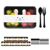 도나앤데코 PP내열 도시락용기 블랙 두칸 10p + 뚜껑 10p + 토끼 띠지 10p + 검정스푼 10p + 포크 10p, 1세트
