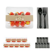 도나앤데코 투명사각 도시락용기 한칸 10p + 곰 띠지 10p + 검정스푼 10p + 포크 10p + 블랙냅킨 10p, 1세트