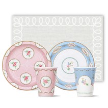 BLEEN 종이접시 스윗 티타임 블루 180mm 10p + 핑크 180mm 10p + 종이컵 8oz 블루 10p + 핑크 10p + 코지린넨 테이블 매트 400 x 290 mm 24p, 1세트