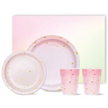 BLEEN 종이접시 핑크마블 도트 그라데이션 230mm 10p + 핑크마블 도트 180mm 10p + 종이컵 8oz 20p +파스텔드림 테이블 매트 400 x 290 mm 24p, 1세트