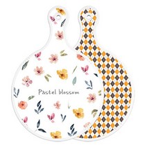 로엠디자인 양면 원형 서빙보드 도마 파스텔플라워패턴, 잉글랜드행황색체크, 1개