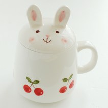 모이내츄럴 동물 뚜껑 머그컵 390ml, 토끼 + 체리, 1개