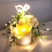 이플린 조화 하트 센터피스 도자기 화분 + LED 미니 전구 세트, 옐로우, 1세트