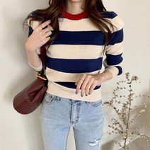 비비에모 여성용 배색 라운드 넥 스트라이프 니트 티셔츠 00302
