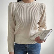 플랜데이 여성용 비비드 퍼프 라운드넥 긴팔 니트