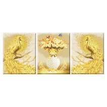 디클레어 3D DIY 보석십자수 캔버스형 3단세트 40X50cmX3, 황금공작 한쌍, 1세트