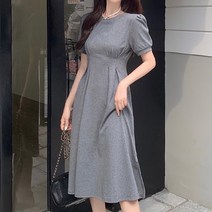 페이퍼먼츠 퍼프소매 라운드넥 심플 스모크 미디 원피스 01760
