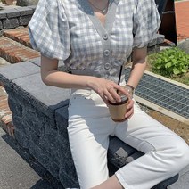페이퍼먼츠 여성용 풍성한 퍼프 소매 숏 체크 니트 가디건 02075