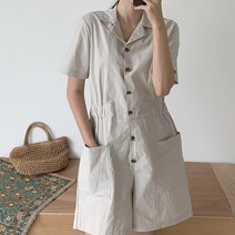 여성용 퍼다잇 허리밴딩 포켓 카라 반팔 점프 수트 PT10197K26