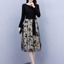 아뗄릭 빅사이즈 허리리본 이중 나비 패턴 미디 원피스 01226