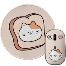 트라이코지 야옹이 무소음 휴대용 무선 마우스 W-5000 + 원형 마우스패드 세트, 식빵