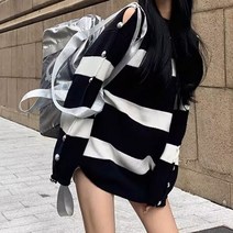 메이첼 여성용 메이플 진주 펀칭 루즈핏 스트라이프 니트 티셔츠 01651