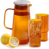 리본제이 플로라 내열 유리 물병 1.5L + 유리컵 480ml x 2p 세트, 앰버