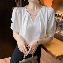 비비에모 우아한 라운드 진주넥 셔링 반소매 블라우스 03185