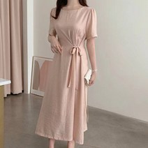 페이퍼먼츠 라운드넥 허리 리본 스트랩 주름 원피스 04802