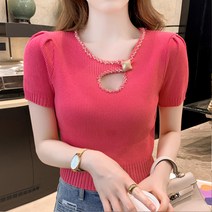 여성용 비비에모 스퀘어 버튼 포인트 트임 반소매 니트 03279