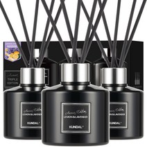 쿤달 퍼퓸 디퓨저 아로마에디션 200ml 3개 + 섬유스틱 15개 세트, 레몬앤라벤더향, 1세트