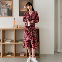 시크블랙 로버티 브이 셔링 체크 롱원피스