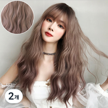 하이유니 네츄럴 웨이브 펌 긴머리 통가발 58cm + 가발망 + 가발거치대 세트, 애쉬핑크 / 58cm, 2개
