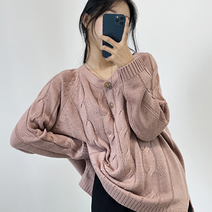 츄즈츄즈 여성용 간절기 루즈핏 꽈베기 단추 브이넥 니트