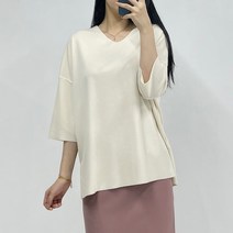 빼빼 여성용 컷팅 브이넥 칠부소매 루즈핏 골지 트임 티셔츠