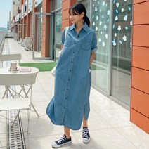 포켓 데님 슬릿 셔츠 롱원피스