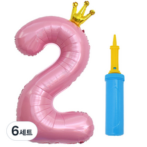 제이벌룬 은박 왕관 숫자풍선 대 2 + 손펌프세트, 핑크(풍선), 색상 랜덤발송(손펌프), 6세트