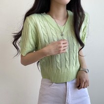 여성용 데일리 아리 꽈베기 크롭 브이넥 반팔 니트