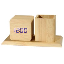 쿼르디 탁상시계 연필꽂이 베이지우드, 블루 라이트