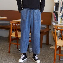 플레이즈 남성용 다트포인트 스트링허리밴딩 통와이드 데님팬츠