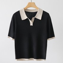 제니트 여성용 기본핏 파더배색 카라넥 데일리룩 버튼 배색 포인트 반팔 니트