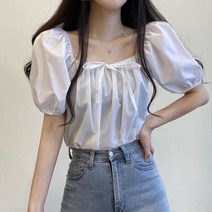 어썸 앞리본 퍼프 스퀘어 셔링 반팔 블라우스
