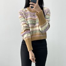 오오엘 여성용 패턴 크롭티 라운드 알파크롭R 니트