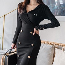 페이퍼먼츠 여성용 브이넥 슬림핏 정장 더블 골드 버튼 포인트 원피스 13683 + 브로치