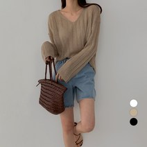 바블링브룩 여성용 루즈핏 골지 브이넥 부클 니트