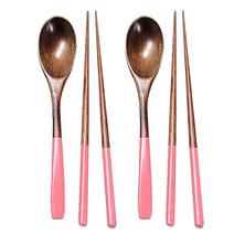 영수산업카멜 배색 우드 고급 컬러 옻칠 원목 수저세트 핑크, 2세트, 숟가락 2p + 젓가락 2p
