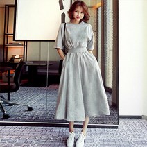허리밴딩 라운드넥 롱 원피스