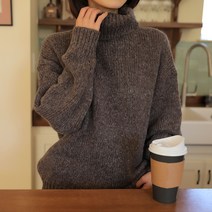 빼빼 여성용 롱 터틀넥 루즈핏 보카시 니트 티셔츠