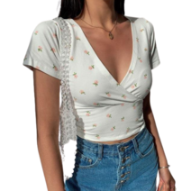 마더브띠 여성용 화사한 패턴 오픈넥 크롭 반팔 티셔츠