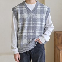 플레이즈 남성용 브이넥 빅체크 배색 니트 조끼 베스트