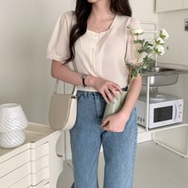 시크블랙 쟈릴누 스퀘어넥 무지 반팔 블라우스 cpbl5128k34