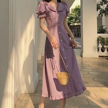 여성용 패션나비 귀여운 퍼프소매와 프릴 포인트 셔츠 롱 원피스