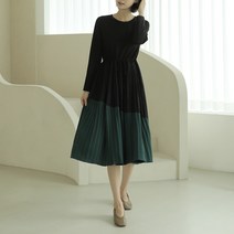 빼빼 여성용 사선컬러배색 플리츠 롱 원피스