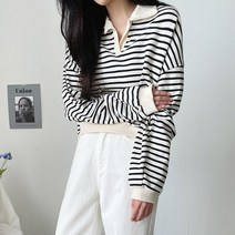 여성용 카라 브이넥 스트라이프 티셔츠 #109548