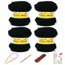 행복뜨기 울트라울 뜨개실 4p + 바늘 8mm + 돗바늘 + 라벨 + 목도리도안 세트, 검정, 1세트