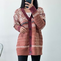 오오엘 여성용 도톰 패턴 배색 롱 포켓 노르딕 가디건