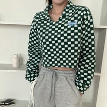 여성용 다운파 체스 패치 카라 크롭 후리스 티셔츠 cpt10742k29