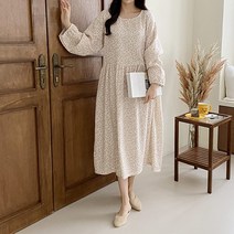 티탁 여성용 데일리 라운드넥 잔꽃나염 퍼프소매 셔링 플라워 롱원피스